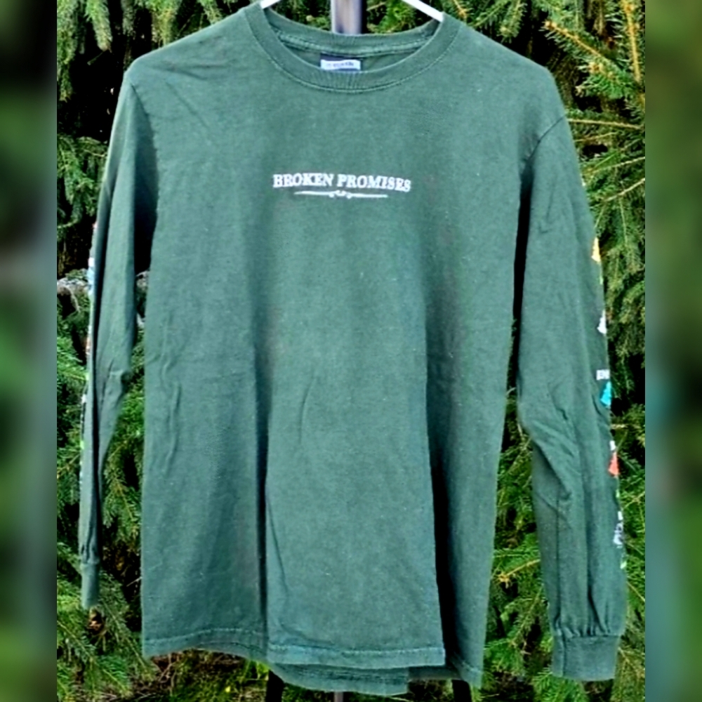 Graphic Tee with Long Sleeves 100% Cotton Flowers Down Sleeves Broken Promises